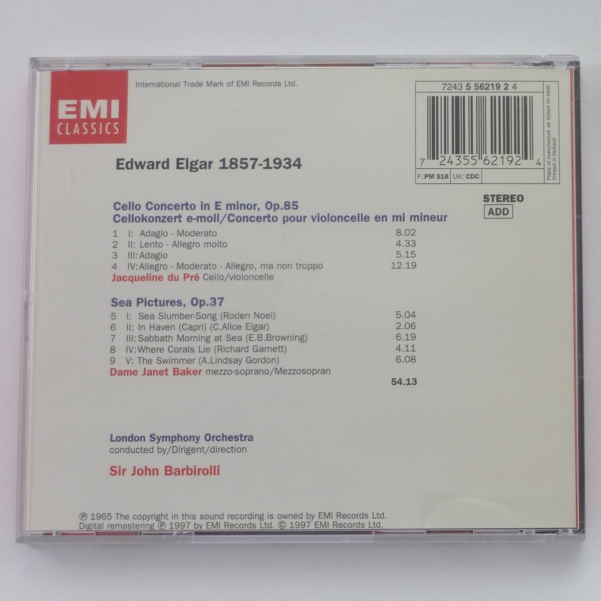 Elgar - Jacqueline du Pré - Sir John Barbirolli - London Symphony Orchestra - Janet Baker Cello Concerto / Sea Pictures CD Reissue