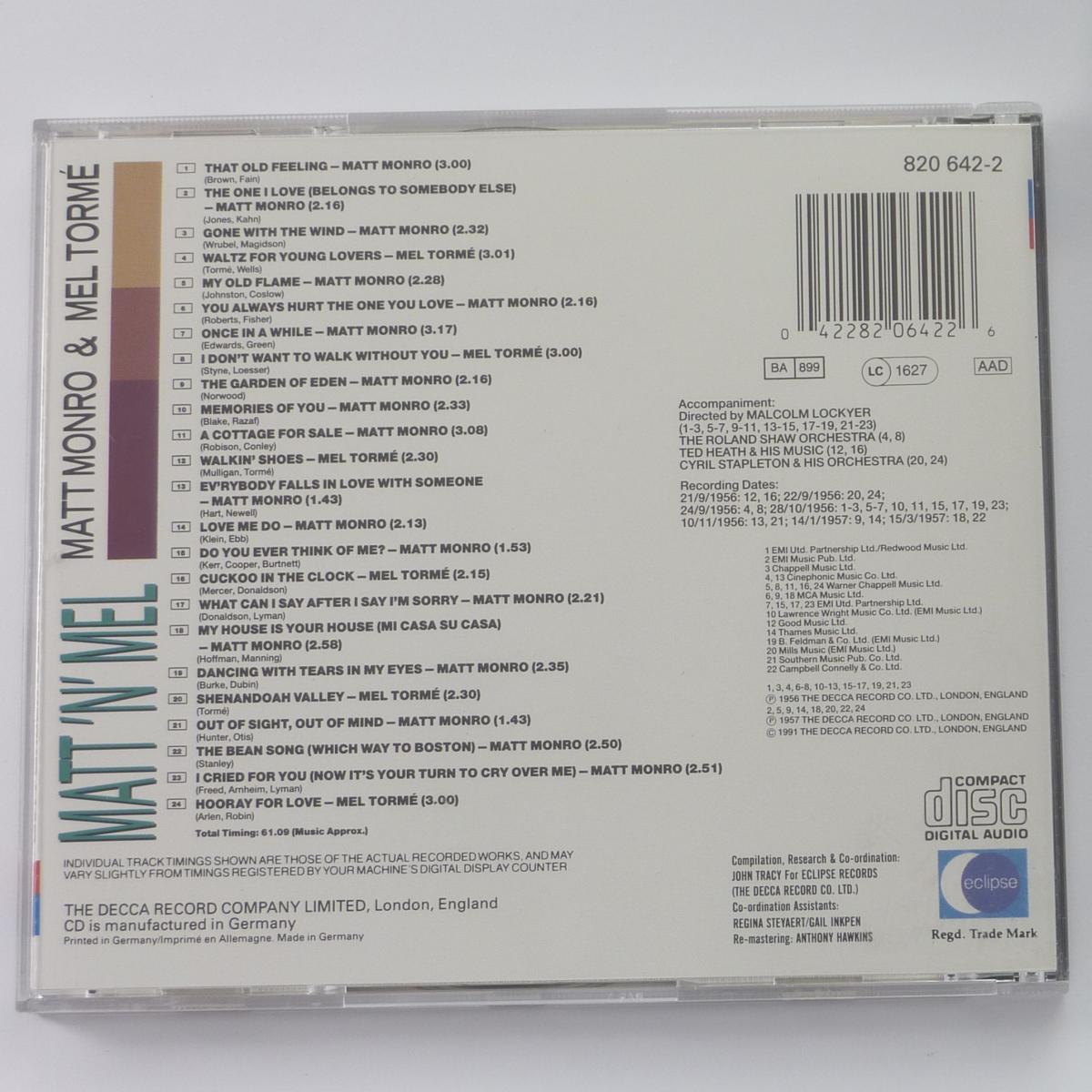 Matt Monro, Mel Tormé Matt 'N' Mel CD Compilation