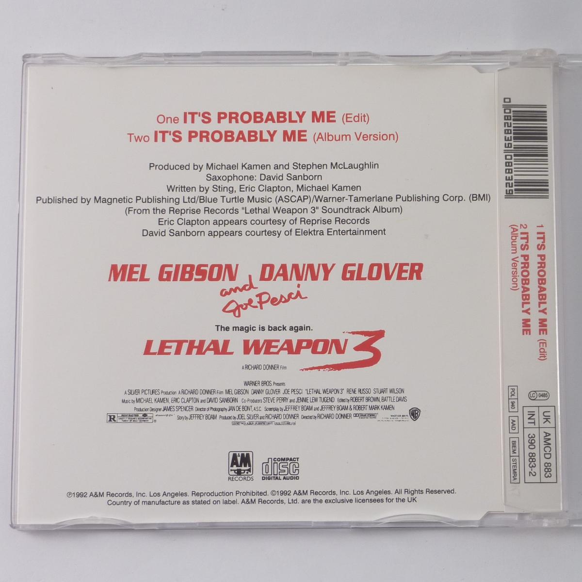 Sting With Eric Clapton It's Probably Me CD Single