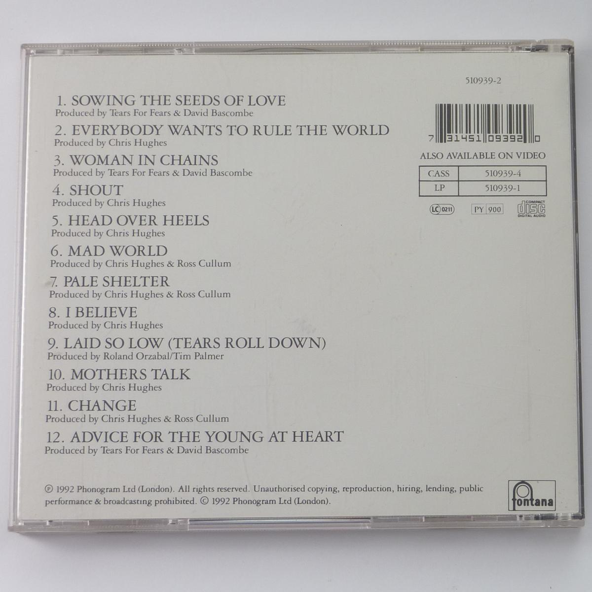 Tears For Fears Tears Roll Down (Greatest Hits 82-92) CD Compilation Repress