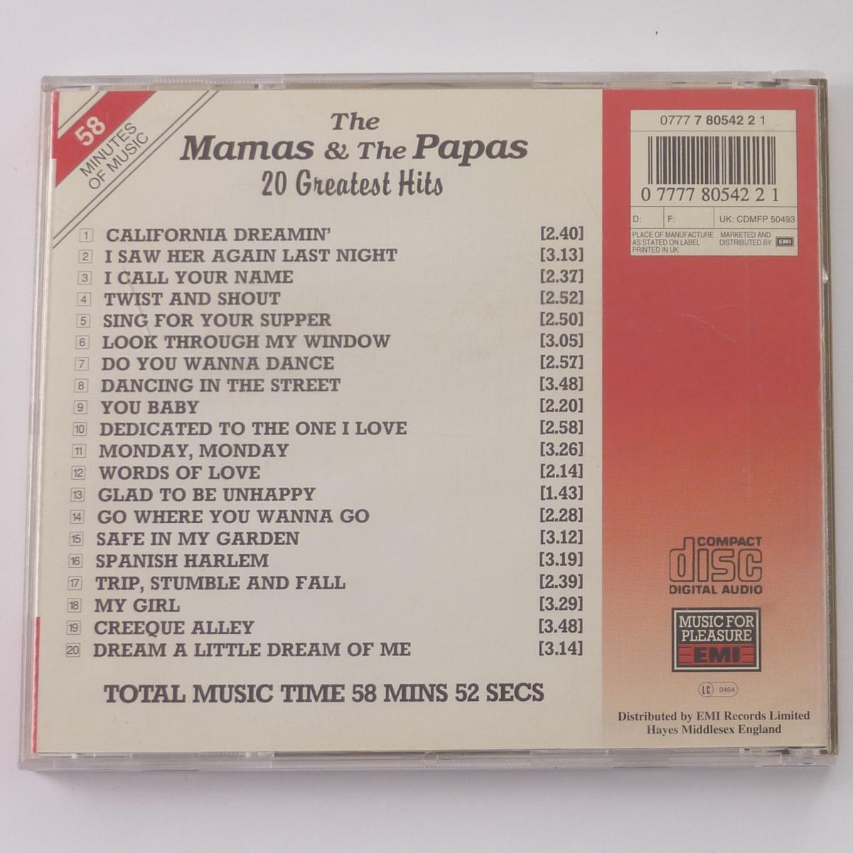 The Mamas & The Papas 20 Greatest Hits CD Compilation