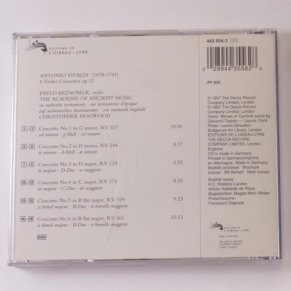Vivaldi* - Pavlo Beznosiuk, Christopher Hogwood, The Academy Of Ancient Music 6 Violin Concertos Op. 12 CD
